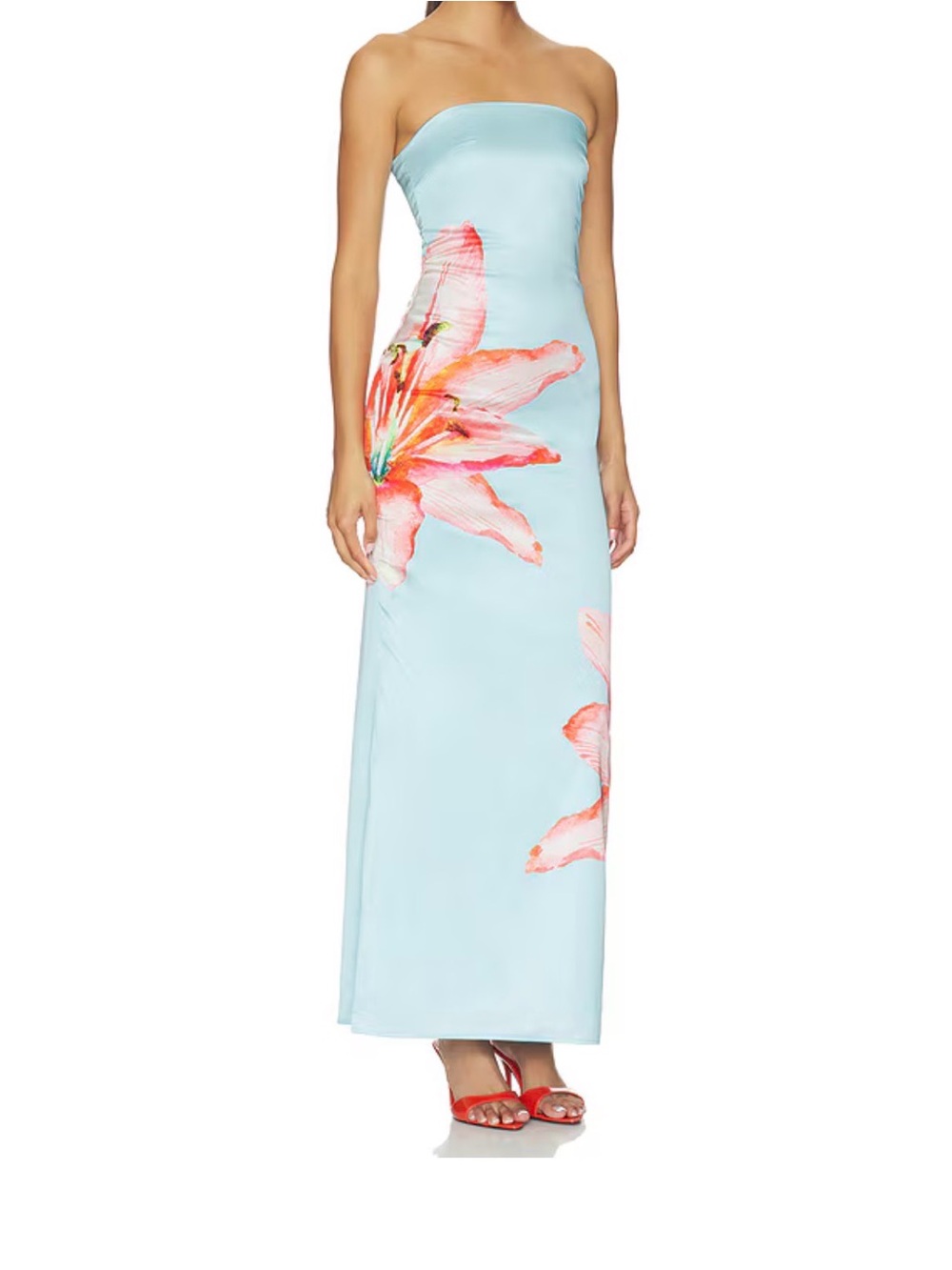 Strapless Light Blue Floral Maxi Dress with Pink Lily Print